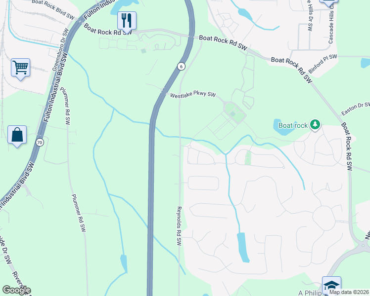map of restaurants, bars, coffee shops, grocery stores, and more near 1385 Stone Bay Drive in Atlanta