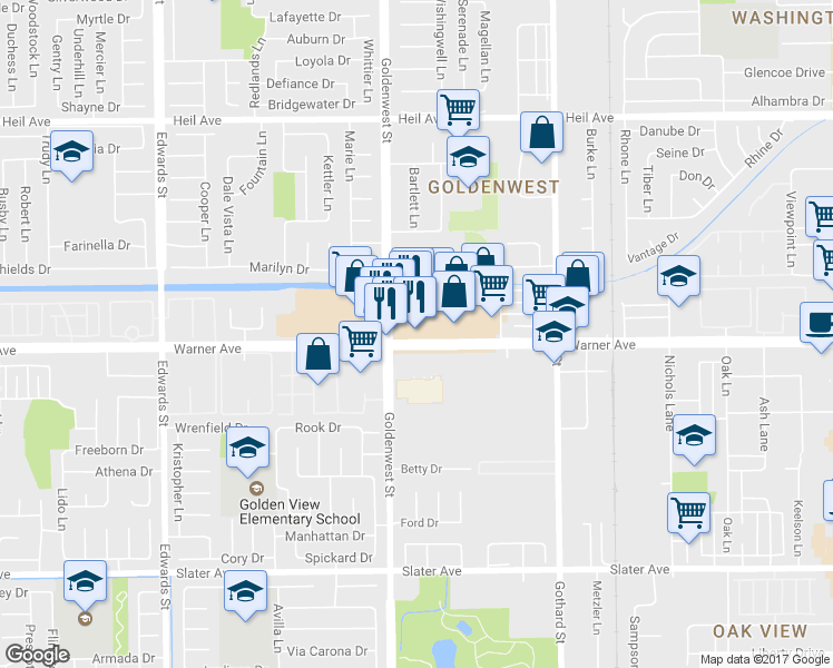 map of restaurants, bars, coffee shops, grocery stores, and more near 7102 Warner Avenue in Huntington Beach