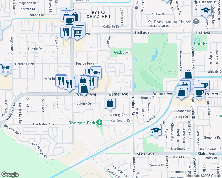 map of restaurants, bars, coffee shops, grocery stores, and more near 16951 Canyon Lane in Huntington Beach
