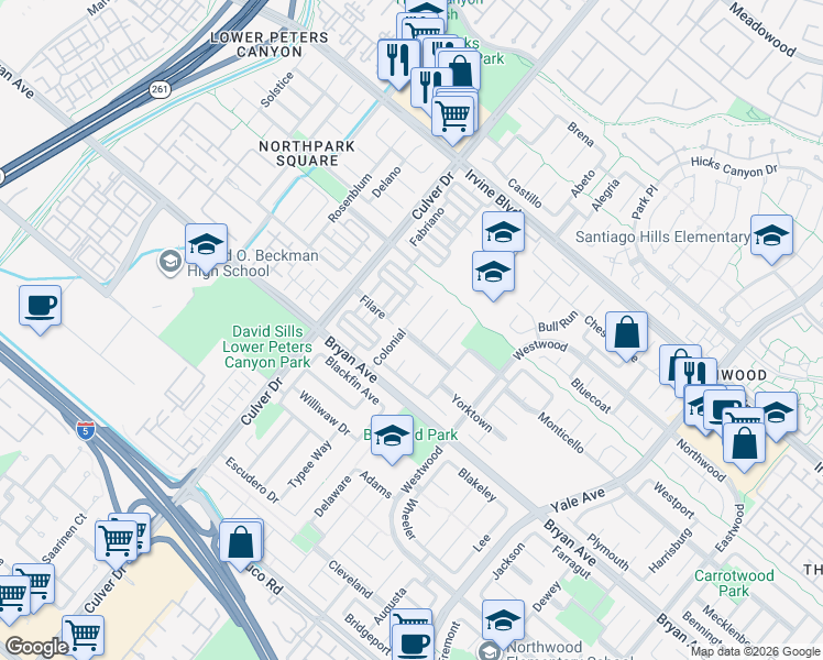map of restaurants, bars, coffee shops, grocery stores, and more near 22 Colonial in Irvine