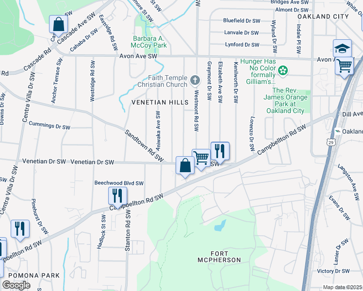 map of restaurants, bars, coffee shops, grocery stores, and more near 1441 Lockwood Drive Southwest in Atlanta