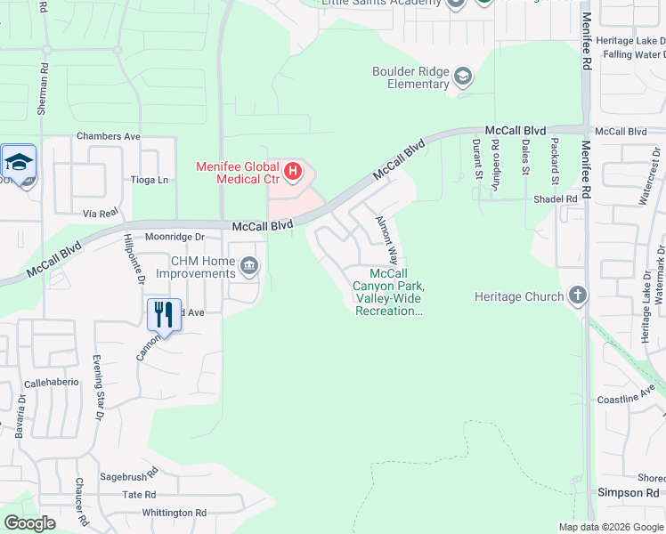 map of restaurants, bars, coffee shops, grocery stores, and more near 27849 Maywood Bend Drive in Menifee