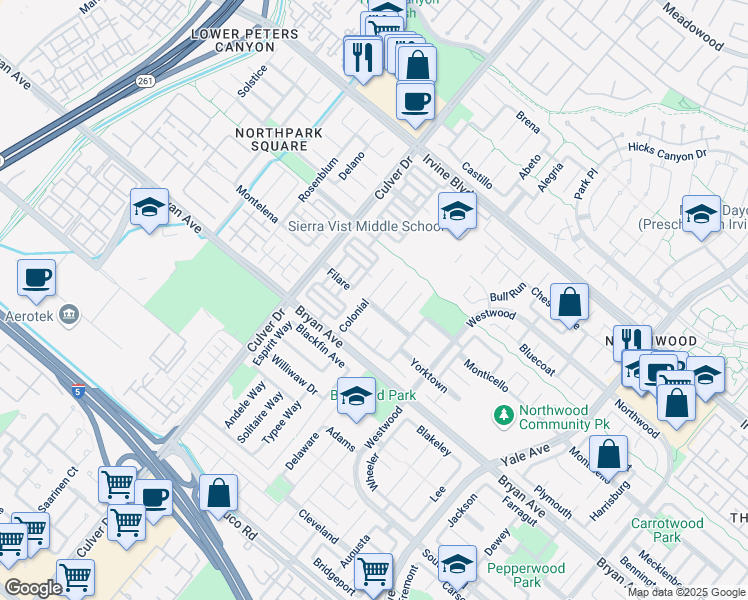 map of restaurants, bars, coffee shops, grocery stores, and more near 22 Colonial in Irvine