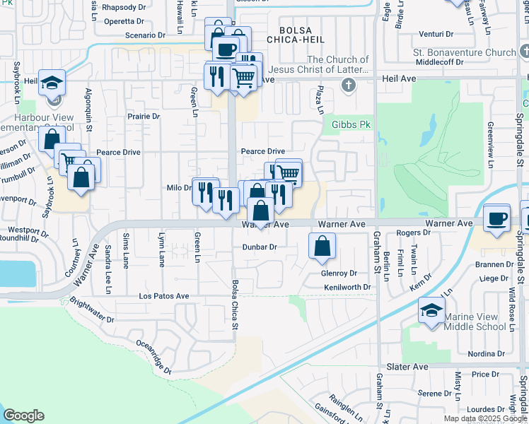 map of restaurants, bars, coffee shops, grocery stores, and more near 5095 Warner Ave in Huntington Beach