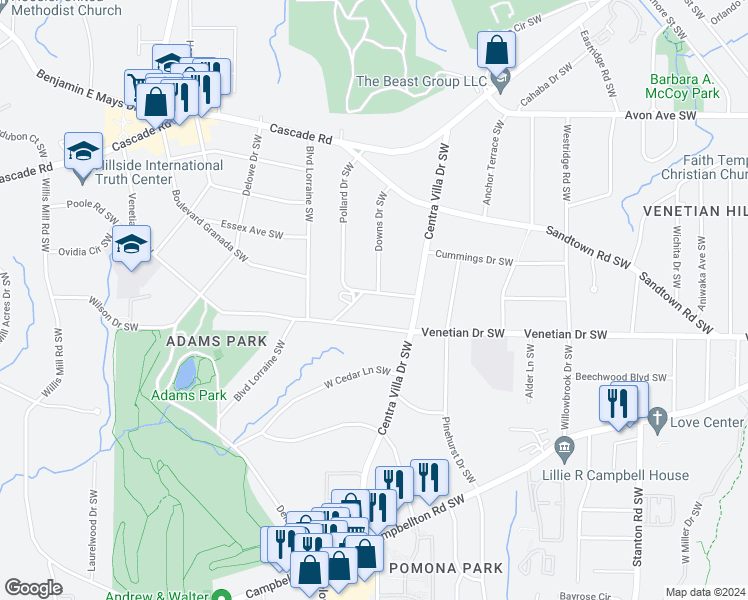map of restaurants, bars, coffee shops, grocery stores, and more near 2038 Albany Drive Southwest in Atlanta