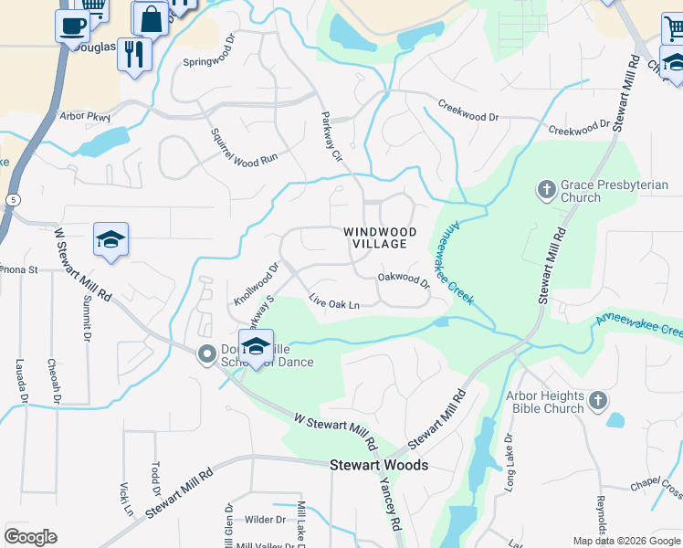 map of restaurants, bars, coffee shops, grocery stores, and more near 9887 Live Oak Court in Douglasville