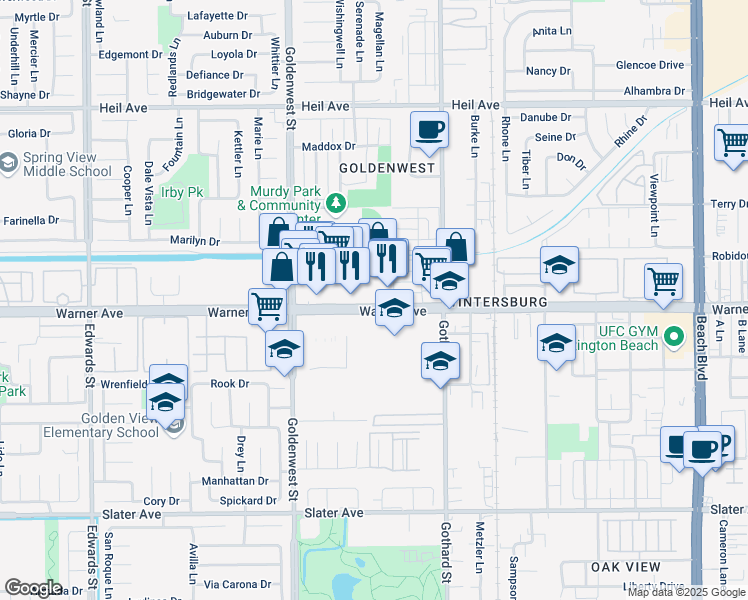 map of restaurants, bars, coffee shops, grocery stores, and more near 7211 Warner Avenue in Huntington Beach