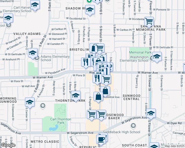 map of restaurants, bars, coffee shops, grocery stores, and more near 1400 West Warner Avenue in Santa Ana