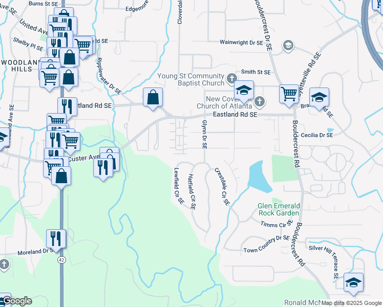 map of restaurants, bars, coffee shops, grocery stores, and more near 1265 Emerald Avenue Southeast in Atlanta