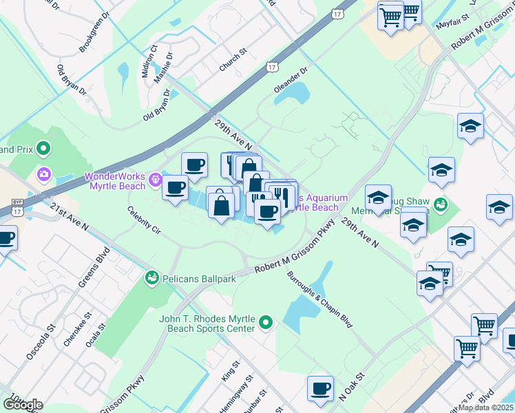 map of restaurants, bars, coffee shops, grocery stores, and more near 1110 Celebrity Circle in Myrtle Beach