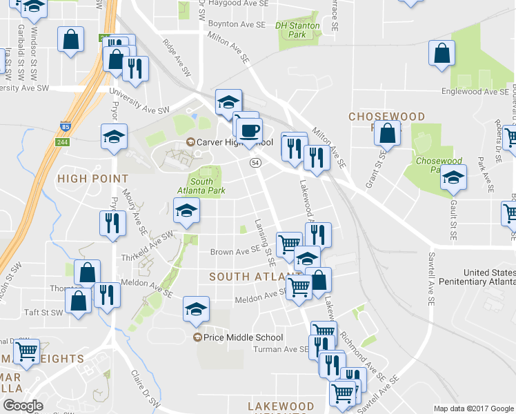 map of restaurants, bars, coffee shops, grocery stores, and more near 1418 Lansing Street Southeast in Atlanta