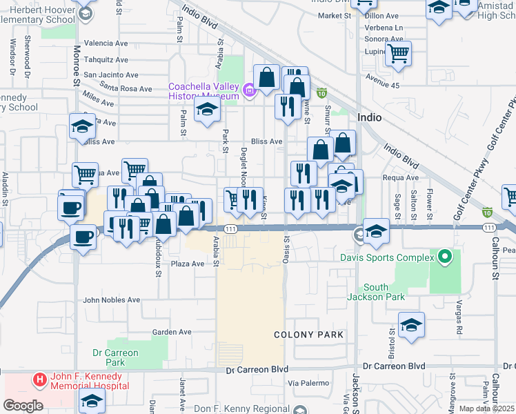 map of restaurants, bars, coffee shops, grocery stores, and more near 82639 Saidy Avenue in Indio