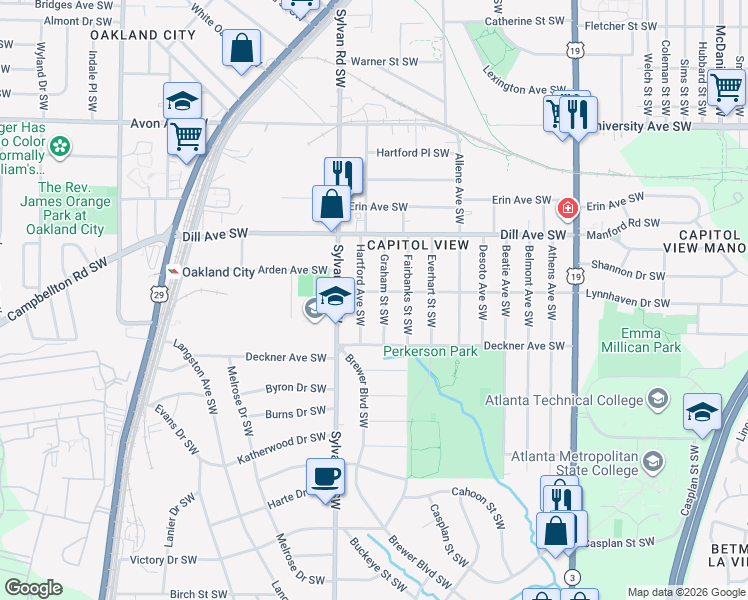 map of restaurants, bars, coffee shops, grocery stores, and more near 1440 Hartford Avenue Southwest in Atlanta