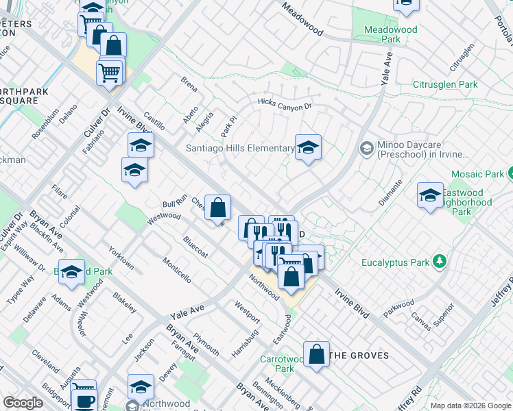 map of restaurants, bars, coffee shops, grocery stores, and more near 76 Christamon South in Irvine