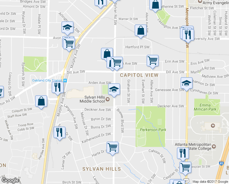 map of restaurants, bars, coffee shops, grocery stores, and more near 1424 Sylvan Rd in Atlanta