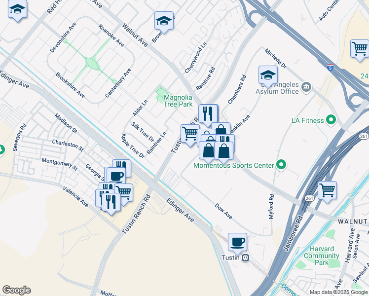 map of restaurants, bars, coffee shops, grocery stores, and more near 14791 Franklin Avenue in Tustin