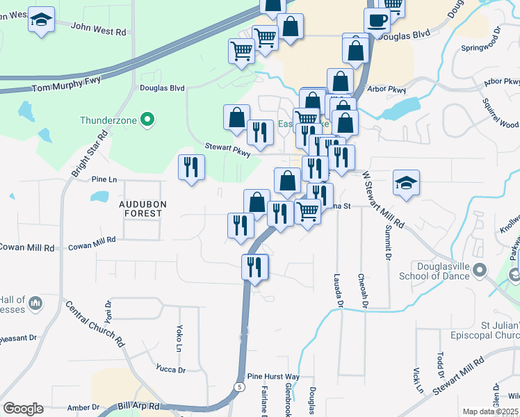 map of restaurants, bars, coffee shops, grocery stores, and more near 5935 Sutton Place in Douglasville