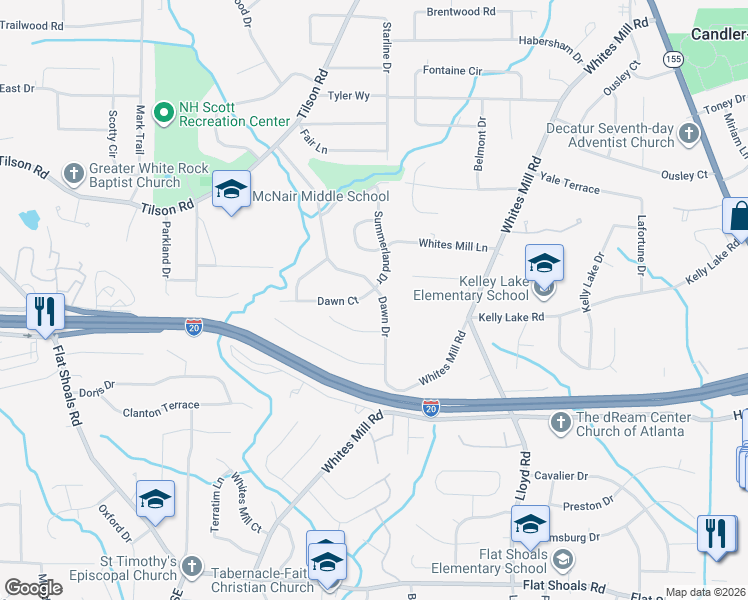 map of restaurants, bars, coffee shops, grocery stores, and more near 2535 Dawn Drive in Decatur