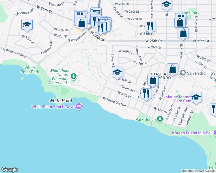map of restaurants, bars, coffee shops, grocery stores, and more near 1468 West 37th Street in Los Angeles