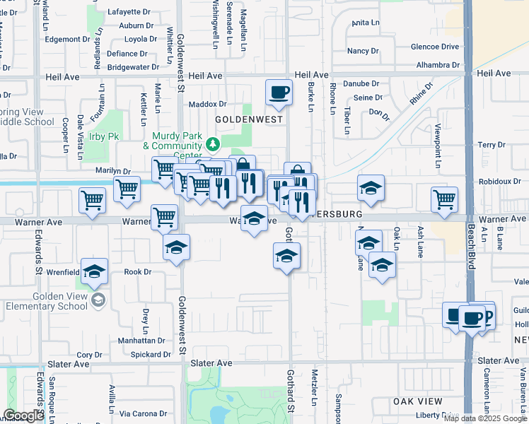 map of restaurants, bars, coffee shops, grocery stores, and more near 7252 Elk Circle in Huntington Beach