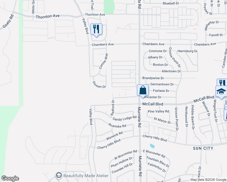 map of restaurants, bars, coffee shops, grocery stores, and more near 27900 Radford Drive in Menifee