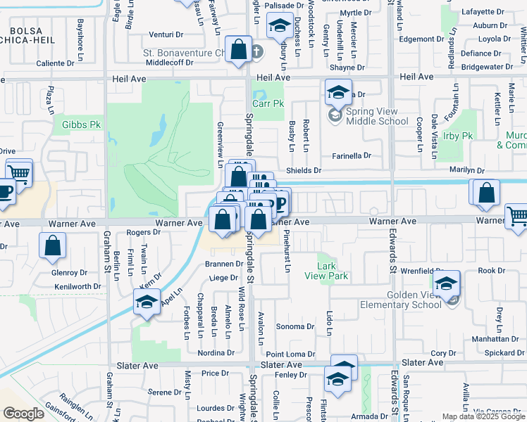 map of restaurants, bars, coffee shops, grocery stores, and more near 6163-6201 Warner Avenue in Huntington Beach