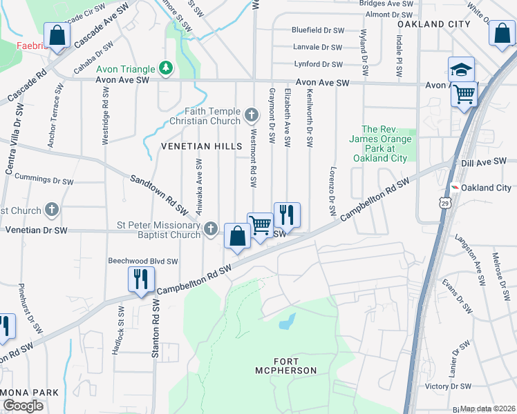 map of restaurants, bars, coffee shops, grocery stores, and more near 1441 Westmont Road Southwest in Atlanta