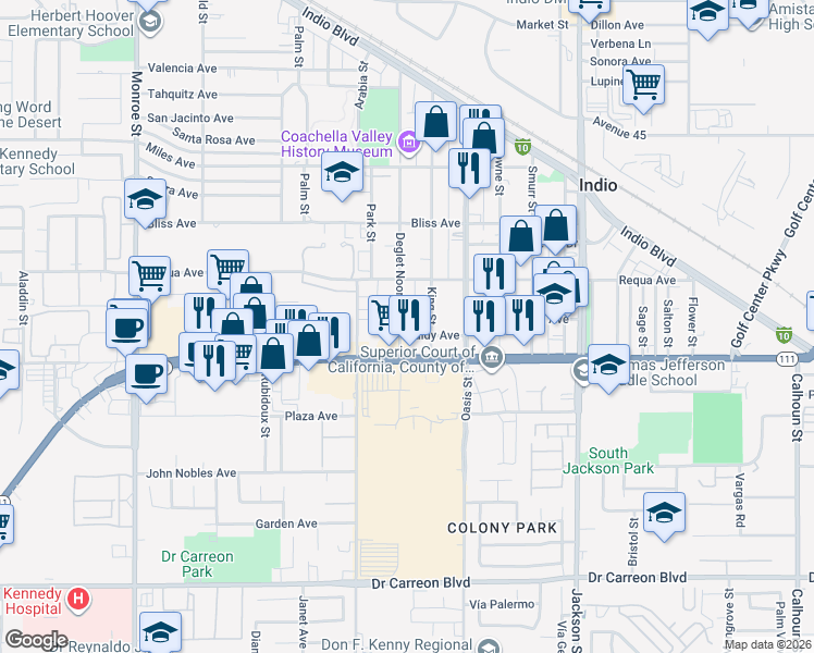 map of restaurants, bars, coffee shops, grocery stores, and more near 45862 Deglet Noor Street in Indio