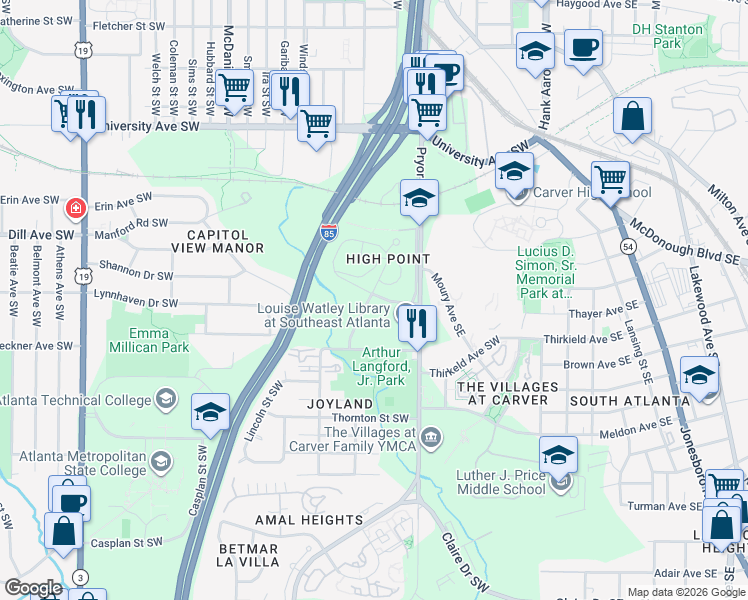 map of restaurants, bars, coffee shops, grocery stores, and more near 130 Bowen Circle Southwest in Atlanta