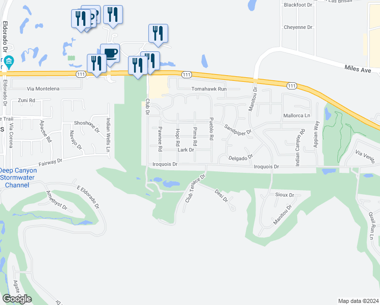 map of restaurants, bars, coffee shops, grocery stores, and more near 76895 Lark Drive in Indian Wells