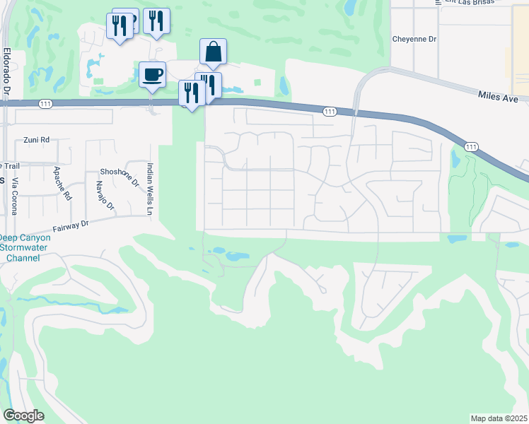 map of restaurants, bars, coffee shops, grocery stores, and more near 76870 Iroquois Drive in Indian Wells