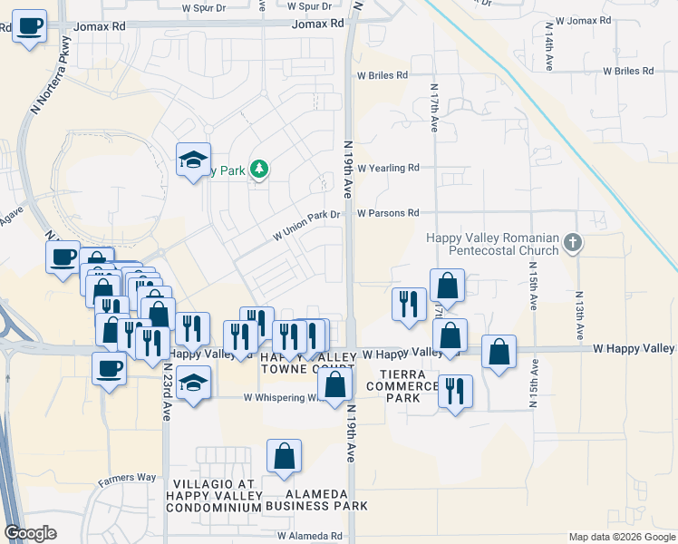 map of restaurants, bars, coffee shops, grocery stores, and more near 25326 North 19th Drive in Phoenix