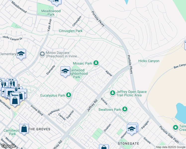 map of restaurants, bars, coffee shops, grocery stores, and more near 83 Quill in Irvine