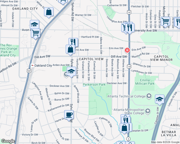 map of restaurants, bars, coffee shops, grocery stores, and more near 1424 Fairbanks St SW in Atlanta