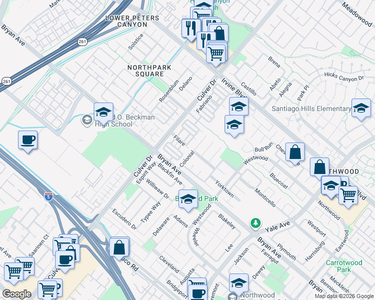 map of restaurants, bars, coffee shops, grocery stores, and more near 12 Filare in Irvine