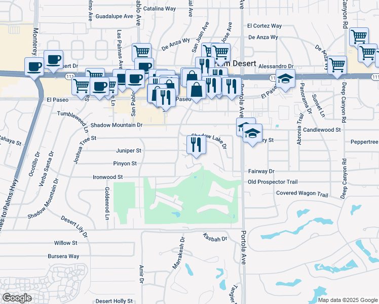 map of restaurants, bars, coffee shops, grocery stores, and more near 45575 Juniper Circle in Palm Desert