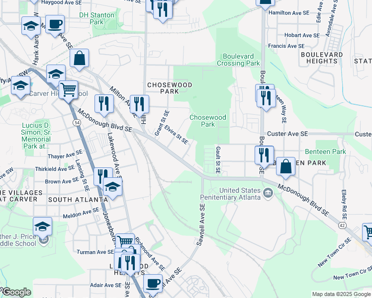 map of restaurants, bars, coffee shops, grocery stores, and more near 1415 Eric Street Southeast in Atlanta