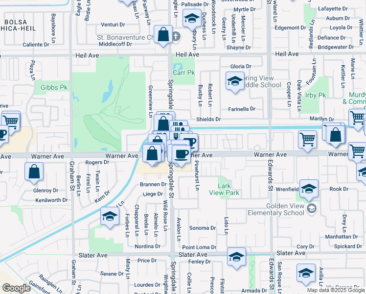 map of restaurants, bars, coffee shops, grocery stores, and more near 6163 Warner Avenue in Huntington Beach