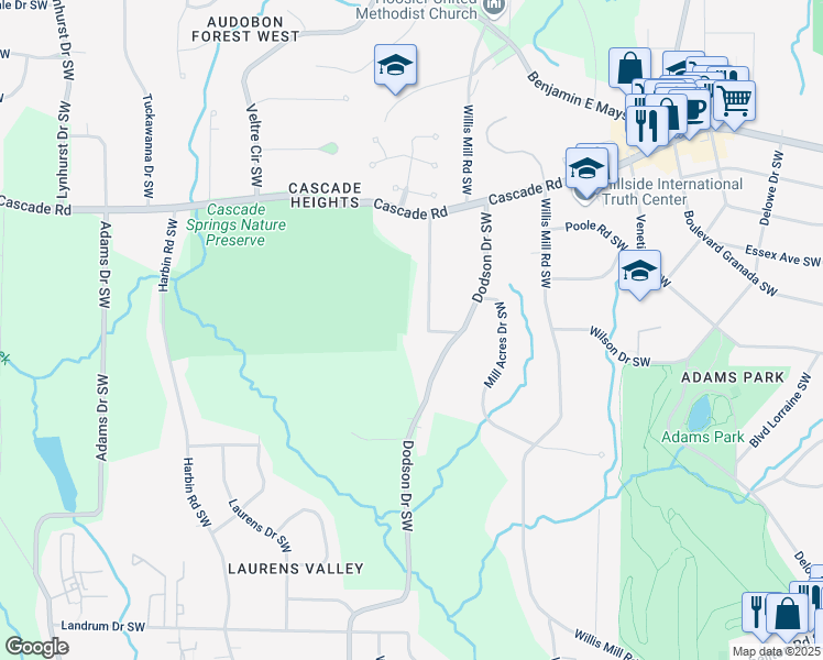 map of restaurants, bars, coffee shops, grocery stores, and more near 1431 Woodland Terrace Southwest in Atlanta