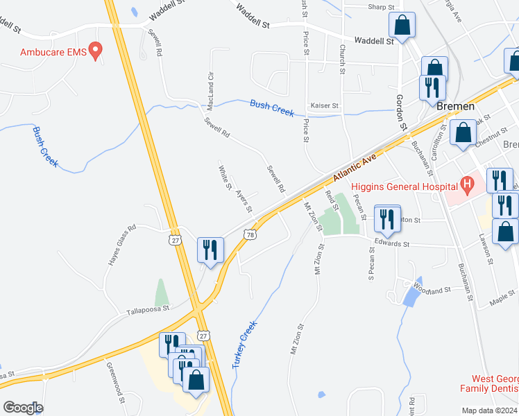 map of restaurants, bars, coffee shops, grocery stores, and more near 431 Tallapoosa Street in Bremen