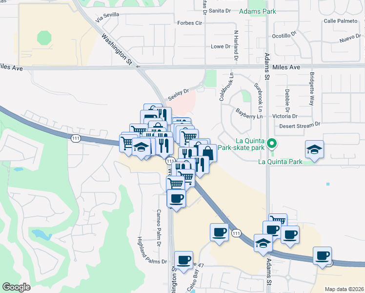 map of restaurants, bars, coffee shops, grocery stores, and more near 78560 California 111 in La Quinta