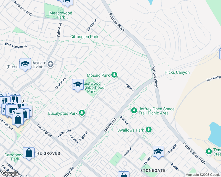map of restaurants, bars, coffee shops, grocery stores, and more near 65 Quill in Irvine