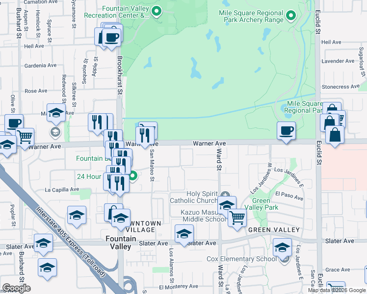 map of restaurants, bars, coffee shops, grocery stores, and more near 17055 San Bruno Street in Fountain Valley