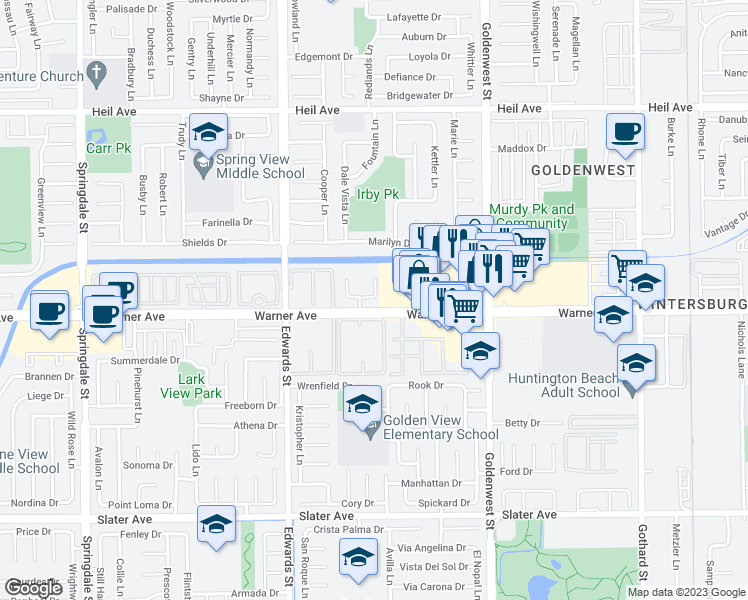 map of restaurants, bars, coffee shops, grocery stores, and more near 16972 Limelight Circle in Huntington Beach