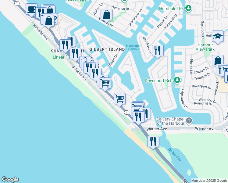 map of restaurants, bars, coffee shops, grocery stores, and more near 16932 Pacific Coast Highway in Huntington Beach