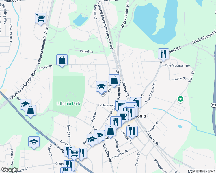 map of restaurants, bars, coffee shops, grocery stores, and more near 2434 Randall Avenue in Lithonia