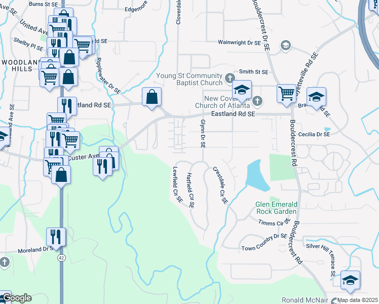 map of restaurants, bars, coffee shops, grocery stores, and more near 1265 Emerald Avenue Southeast in Atlanta