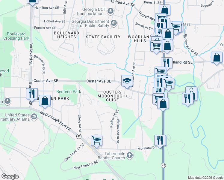 map of restaurants, bars, coffee shops, grocery stores, and more near in Atlanta