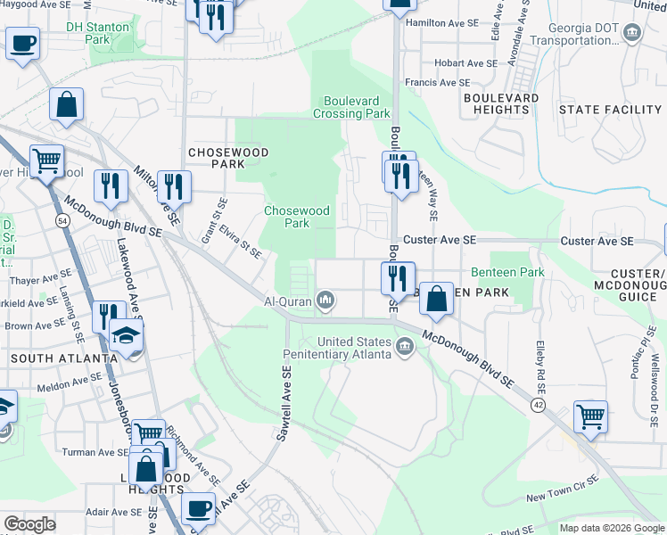 map of restaurants, bars, coffee shops, grocery stores, and more near 1420 Gault Street Southeast in Atlanta