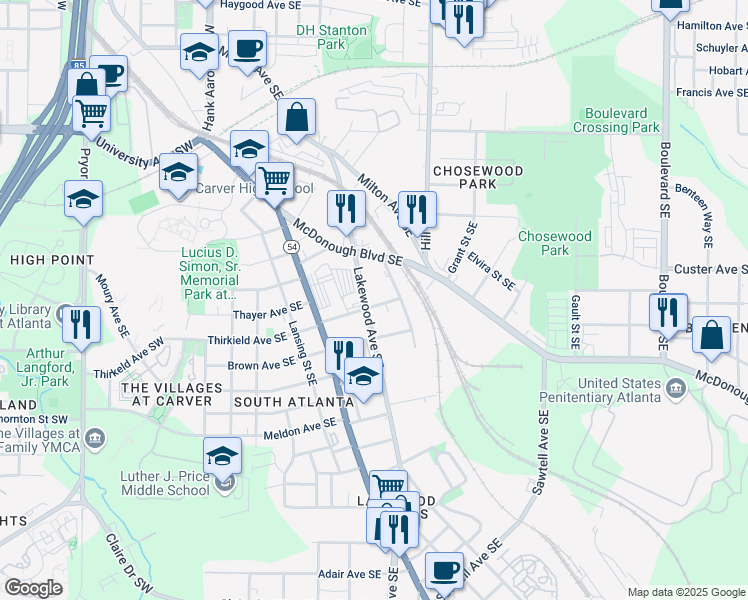 map of restaurants, bars, coffee shops, grocery stores, and more near 1406 Lakewood Avenue Southeast in Atlanta